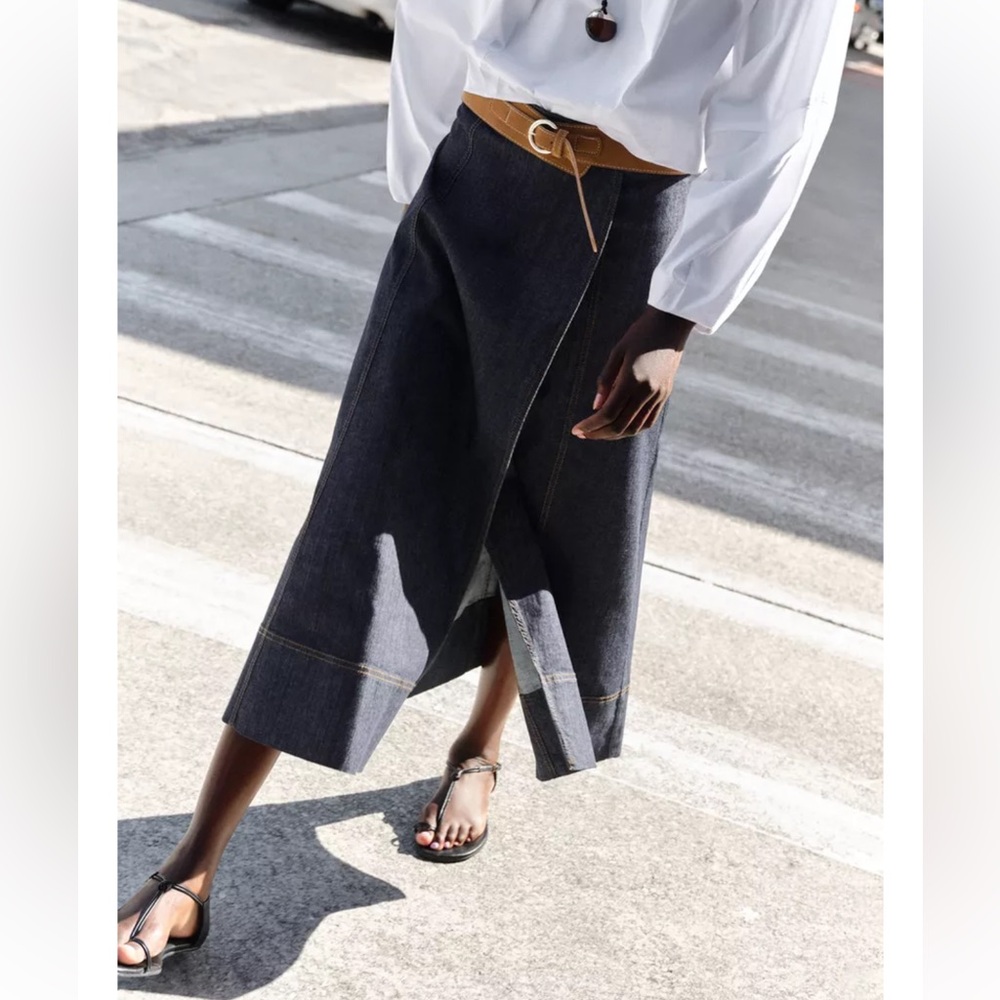 ZARA Women’s S Indigo Denim A-Line Wrap Skirt Brown Faux Leather Belt Boho 90s - Picture 2 of 10